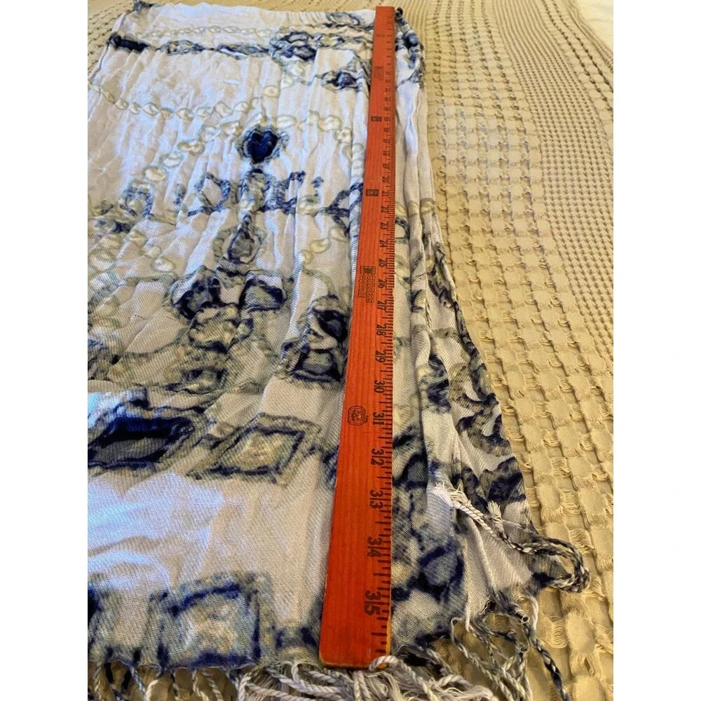 White Scarf with Blue & Navy Design w/ Fringed‎ Ends